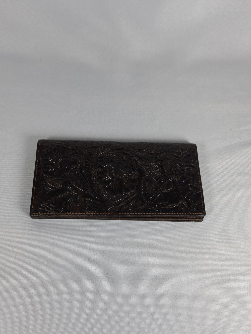 Vintage Hand Tooled Leather Bifold Wallet Floral Western Boho Brown 7.7" Clutch